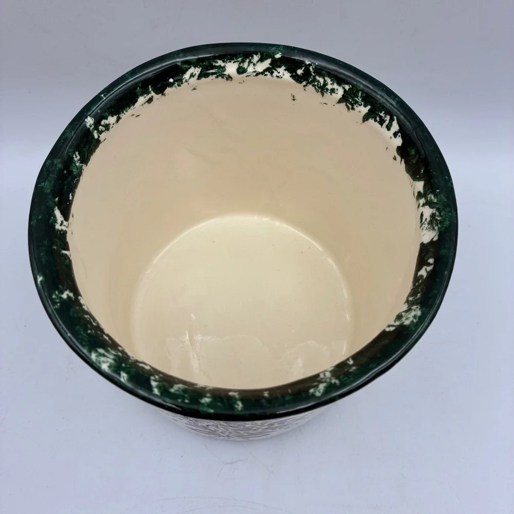 Artisan Floral Spongeware Ceramic Dip Chiller Potpourri Crock Green Cream 5in